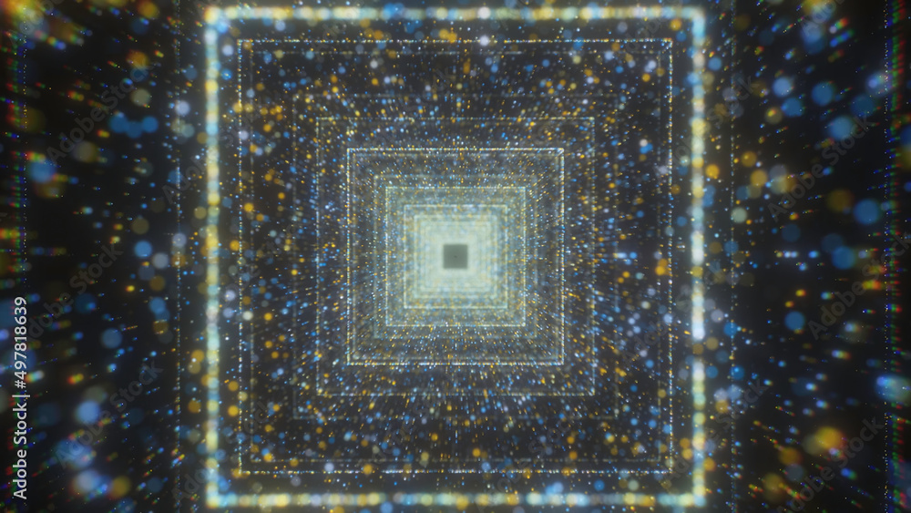 Poster bright square tunnel with particles. motion. immersion in cosmic flow of square tunnel. lots of brig