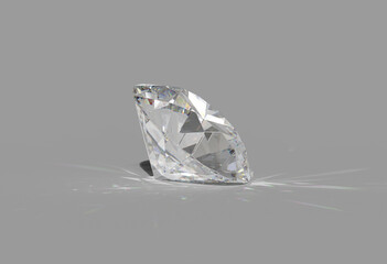 round diamond cut on shiny white background, back light, shiny, caustic rays 3D render - obrazy, fototapety, plakaty