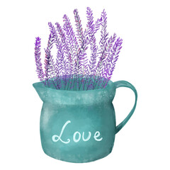 Hand-drawn vector vase watering can with lavender in Provence style, cozy decor