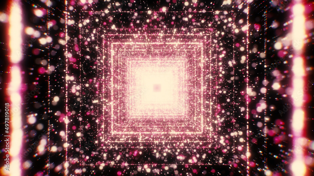 Poster Moving in square cyber tunnel with particles. Motion. Glowing particles in tunnel with neon squares. Square spatial tunnel with flow of colorful particles