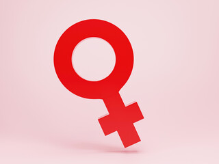Fototapeta premium 3d rendering, 3d illustration. Red female gender sign, woman sex symbol on pink pastel background. Modern minimal design element concept.