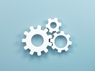 3D rendering, 3D illustration. Minimal gear symbol on blue background. Gear simple icon cogwheel concept.