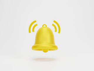 3D rendering, 3D illustration. Yellow notification bell is ringing on white background. Minimal social media element.