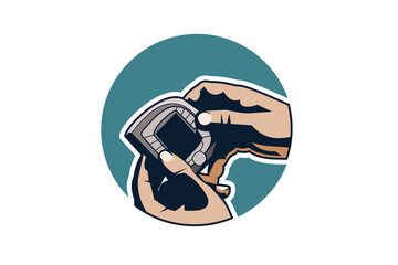 Smart phone or mobile phone with hand symbol, sticker ,logo ,icon vector design. retro mobile phone concept vector illustration