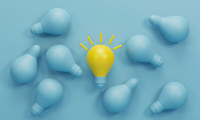 3d render 3d illustration. Yellow light bulb between the bulbs others on blue light background. Concepts of leadership, innovation, different creative idea and individuality.