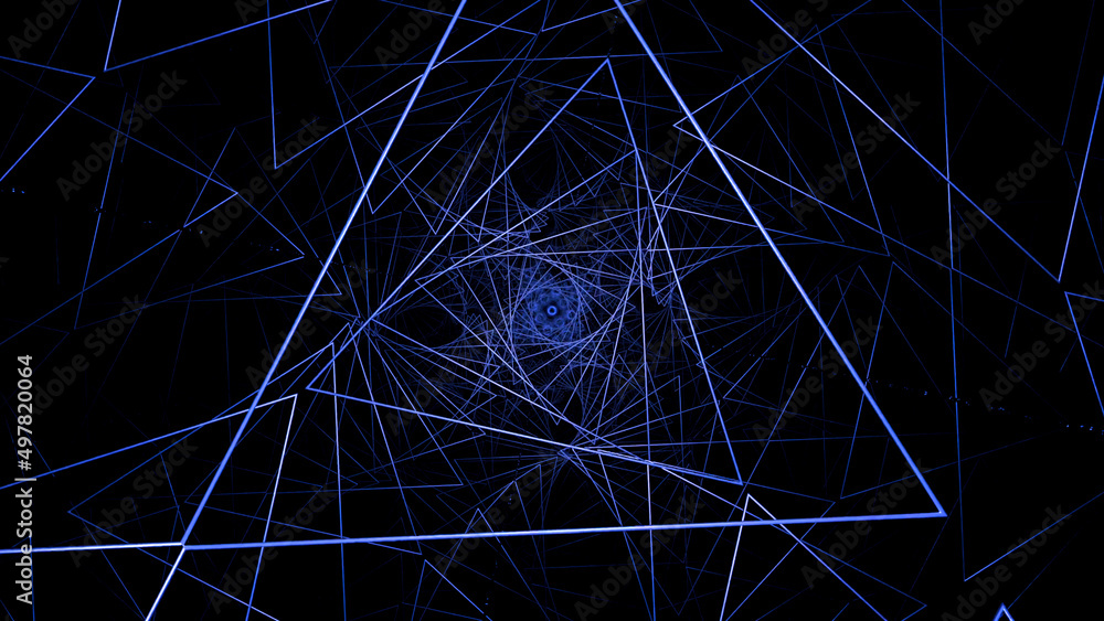 Poster triangles are twisted into geometric spiral. design. network of thin geometric lines in spiral. spir