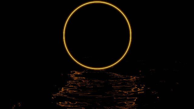 Neon Ring With Reflection In Water On Black Background. Design. Beautiful Ring Glows Above Dark Water. Ripples Of Water With Reflected Light From Circle