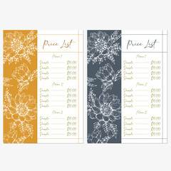 set of price list template designs with hand drawn illustration of spring flowers