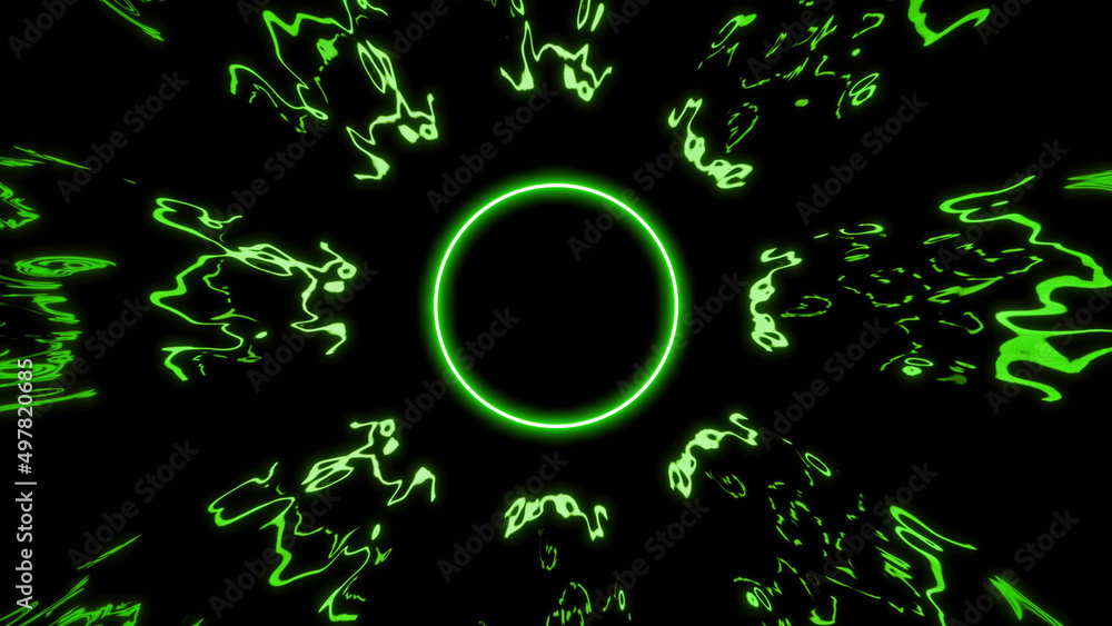 Poster animation with glowing electron waves around ring. design. neon ring with beams of electronic waves 