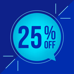 25% off, discount for big sales. Cyan balloon on blue background.