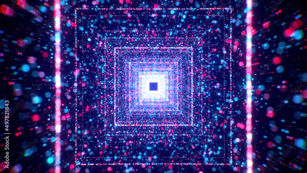 Poster space tunnel with square neon lines. motion. beautiful tunnel with bright colorful particles and neo