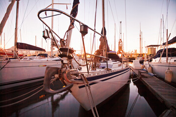 Set sail. Yachts moored n a harbour.