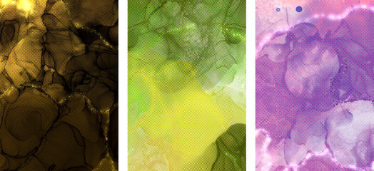 Set of alcohol ink poster templates with halftone textures - For displaying paintings, banners, and other print media