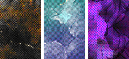 Set of alcohol ink poster templates with halftone textures - For displaying paintings, banners, and other print media