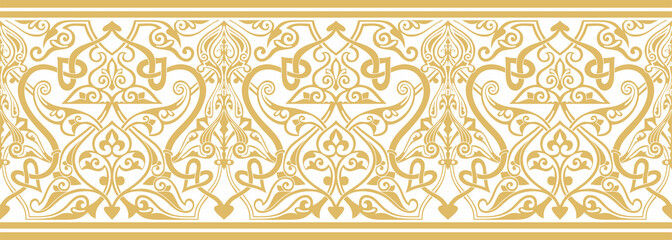 Vector golden seamless oriental national ornament. Endless ethnic floral border, arab peoples frame. Persian painting.