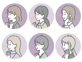 喜ぶ若い女性の横向き丸アイコンセット（仕事向きの服装）