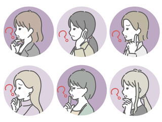 疑問に思う若い女性の横向き丸アイコンセット（仕事向きの服装）
