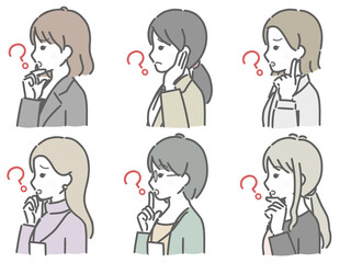 疑問に思う若い女性の横向き上半身セット（仕事向きの服装）