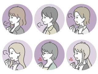 怒る若い女性の横向き丸アイコンセット（仕事向きの服装）