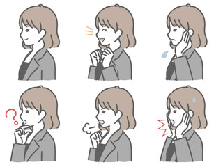 スーツの若い女性の横向き表情セット