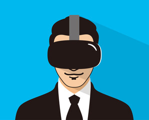 Man wearing Virtual reality glasses. front view, playing games, vector illustration
