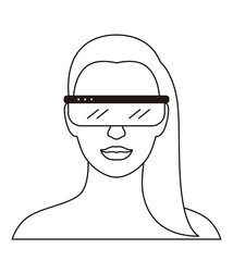 Beauty girl wearing Virtual reality glasses. front view, playing games, looking up, vector illustration