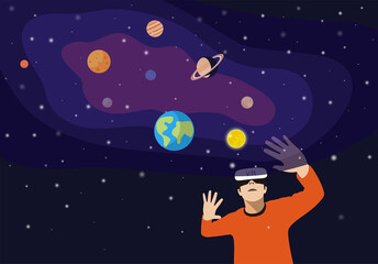 VR and Metaverse Concepts, man wearing VR glasses and touching the screen. Solar System with Planets