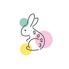 2023年卯年　横向きのシンプルなうさぎのイラスト　水玉背景