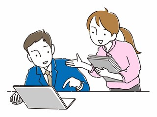 会社で仕事の業務内容を確認するビジネスマンとOL