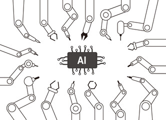 Robot machine arms focus on the Artificial Intelligence, vector illustration