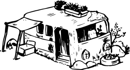 Funky truck ink illustration. Doodle vector drawings. 