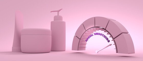 Abstract meter read level of skin facial smoothing result. Set of containers for cosmetology products. 3D render