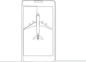 Single continuous line drawing of Flat lay design of travel concept with plane on white background in smartphone.  one line draw design graphic vector illustration.