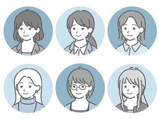 若い女性の斜め向き丸アイコンセット（仕事向きの服装）