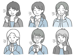 喜ぶ若い女性の斜め向き上半身セット（仕事向きの服装）