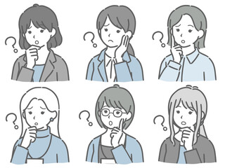 疑問に思う若い女性の斜め向き上半身セット（仕事向きの服装）