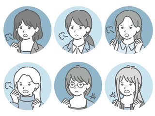 怒る若い女性の斜め向き丸アイコンセット（仕事向きの服装）