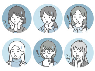 驚く若い女性の斜め向き丸アイコンセット（仕事向きの服装）