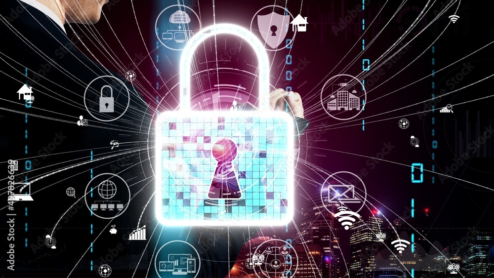 Poster cyber security encryption technology to protect data privacy conceptual . 3d render computer graphic