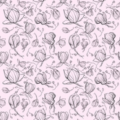 Seamless floral pattern with magnolia flowers in doodle technique on a pink background 