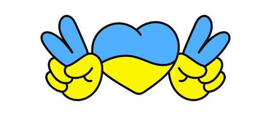 Ukrainian heart with hand gesture V sign for victory or peace. Hand drawing Ukraine icon, sticker or print illustration isolated on white background. Vector EPS 10.