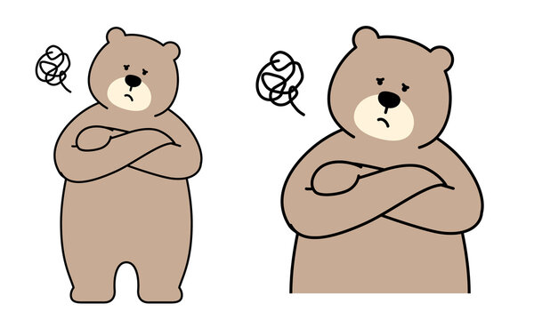 腕組みして悩んでいる熊のキャラクターの全身イラスト素材。