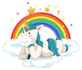 Blue unicorn lying on a cloud with rainbow