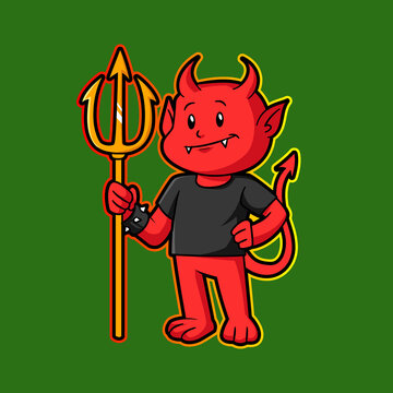 cute devil holding trisula mascot character