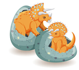 Two triceratops hatching from eggs