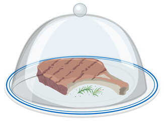 Porkchop on round plate with glass cover on white background