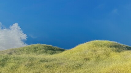 Hill and green grass over blue sky nature scene 3D rendering landscape wallpaper backgrounds