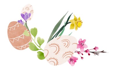 Boho Easter spring eggs with blossom, greeting cards with eggs and flowers in pastel and terracotta colors, floral illustrations