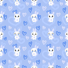 Doodle Easter seamless pattern with bunnies and hearts. Perfect for T-shirt, textile and print. Hand drawn illustration for decor and design.