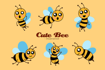 Set of Cute Bee Honey Animal with different pose cartoon clipart childish little bee mascot flat design